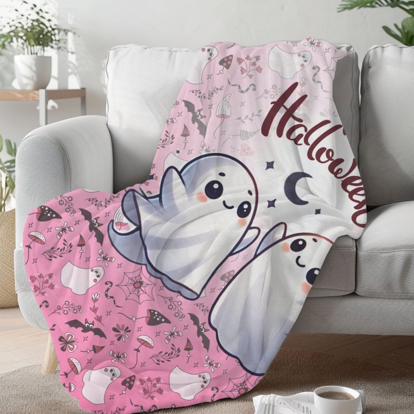 Dancing Cute Ghosts Pink Happy Halloween Cozy Velveteen Plush Blanket