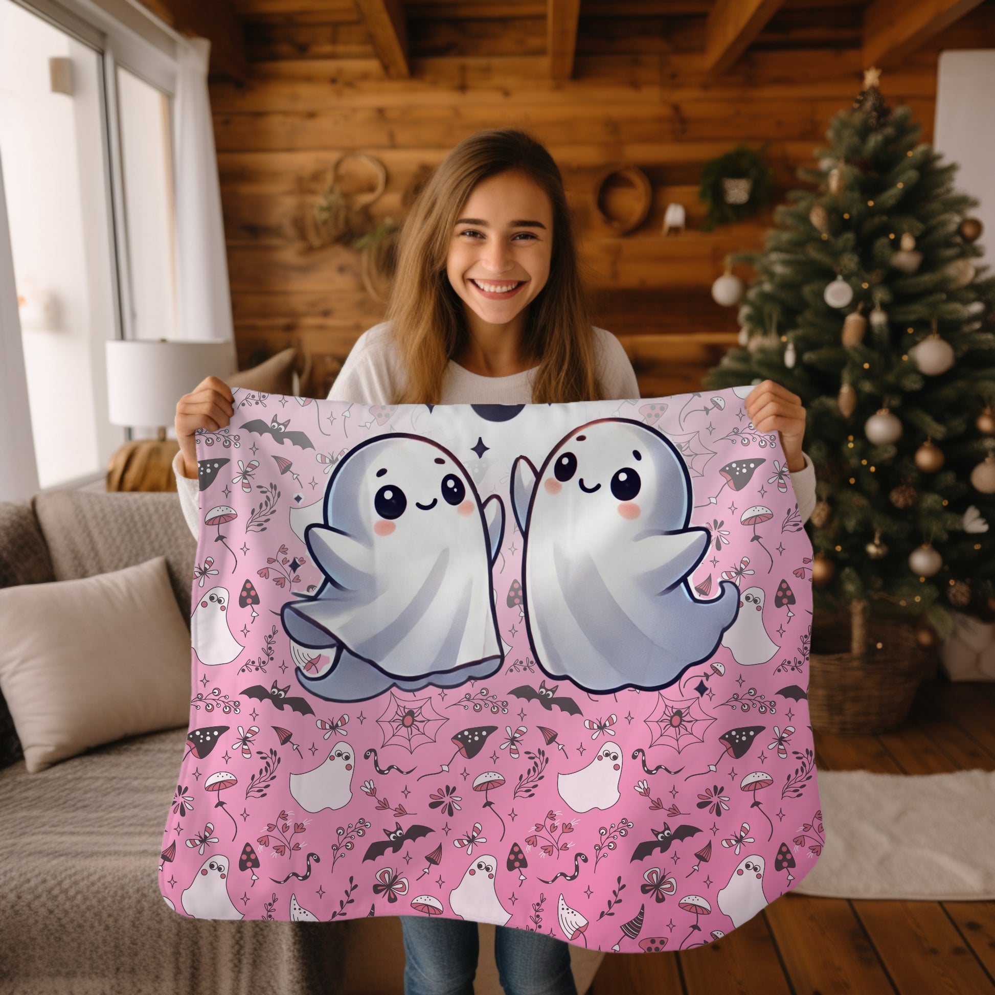 Dancing Cute Ghosts Pink Happy Halloween Cozy Velveteen Plush Blanket