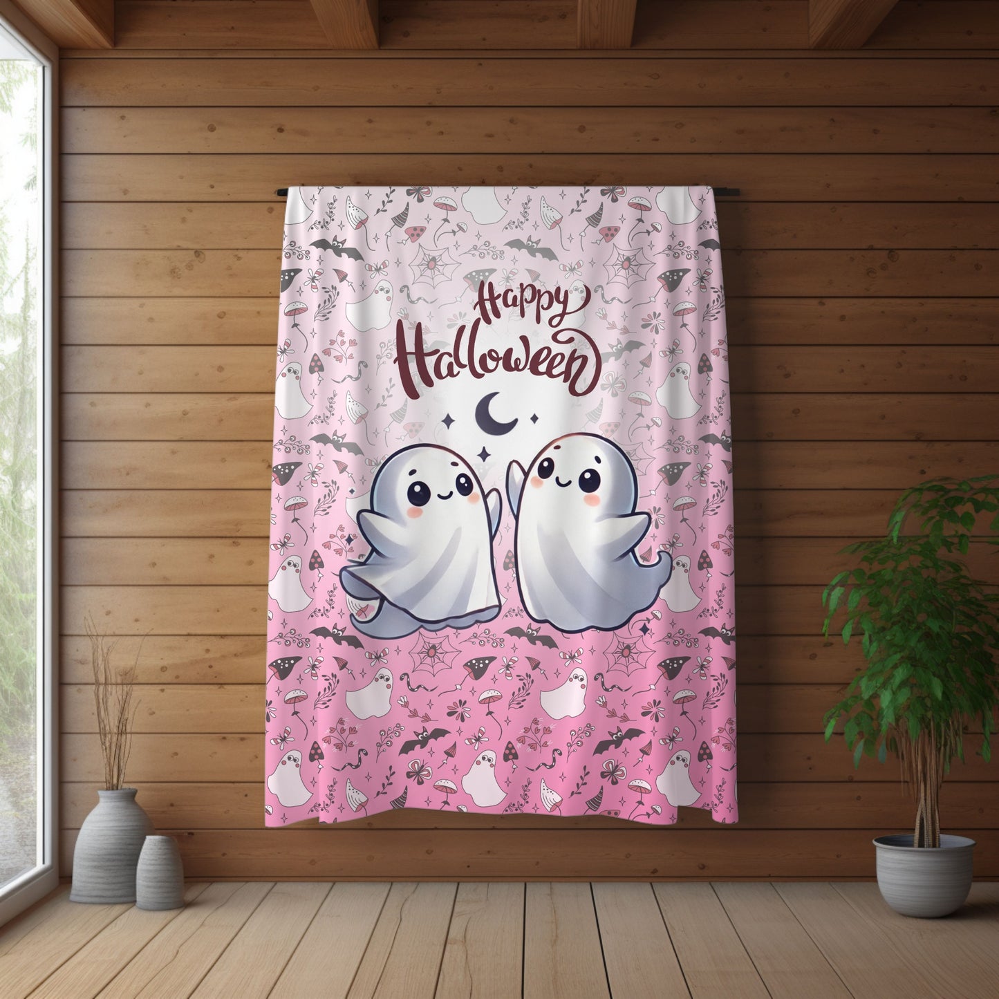 Dancing Cute Ghosts Pink Happy Halloween Cozy Velveteen Plush Blanket