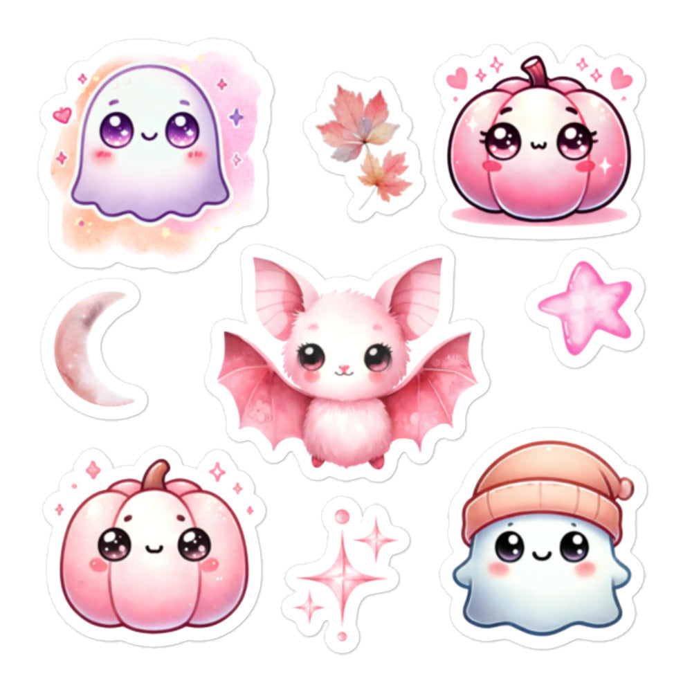 Halloween Pink Watercolor Kawaii Ghost, Bat, Pumkpin Sticker Sheet