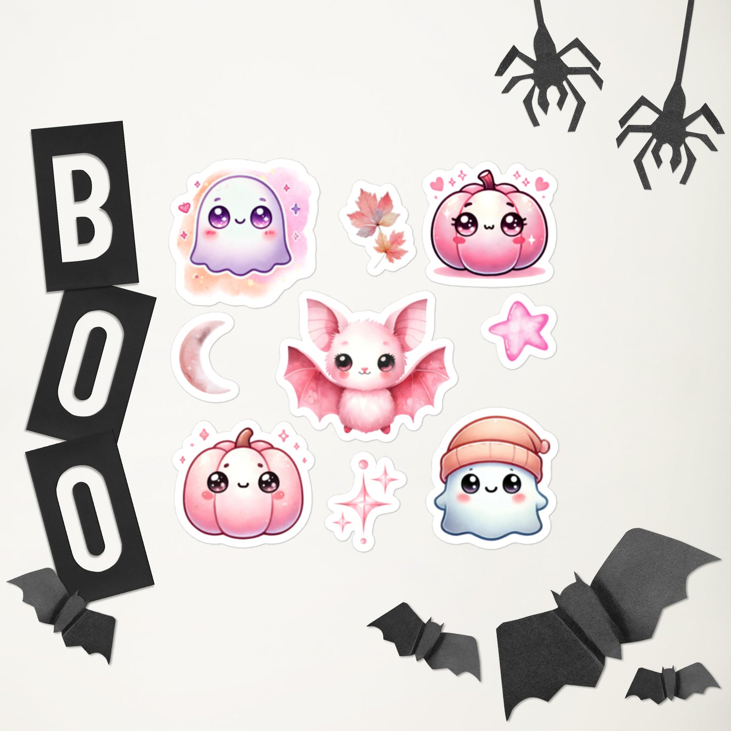 Halloween Pink Watercolor Kawaii Ghost, Bat, Pumkpin Sticker Sheet