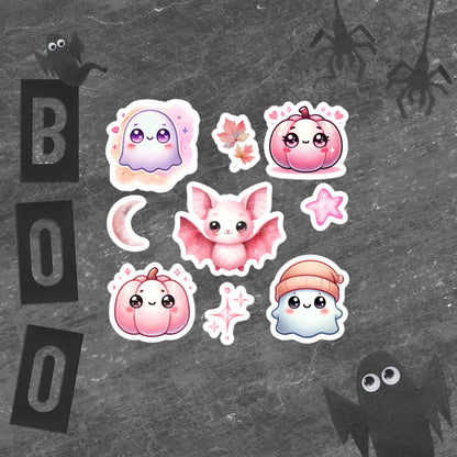 Halloween Pink Watercolor Kawaii Ghost, Bat, Pumkpin Sticker Sheet