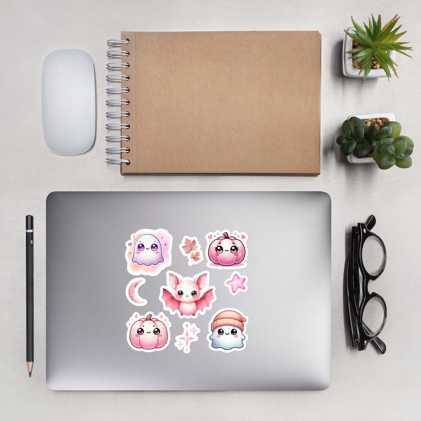 Halloween Pink Watercolor Kawaii Ghost, Bat, Pumkpin Sticker Sheet