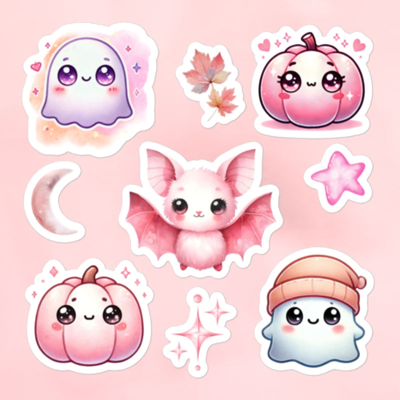 Halloween Pink Watercolor Kawaii Ghost, Bat, Pumkpin Sticker Sheet