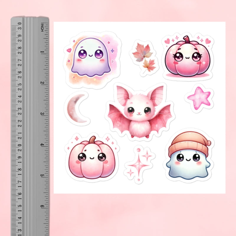 Halloween Pink Watercolor Kawaii Ghost, Bat, Pumkpin Sticker Sheet