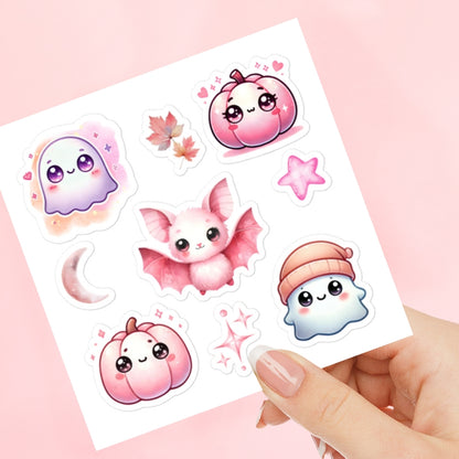 Halloween Pink Watercolor Kawaii Ghost, Bat, Pumkpin Sticker Sheet