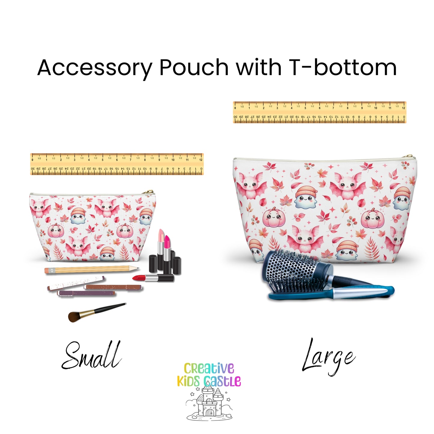 Pink Halloween Accessory Pouch with with cute Ghosts, Bats and Leaves