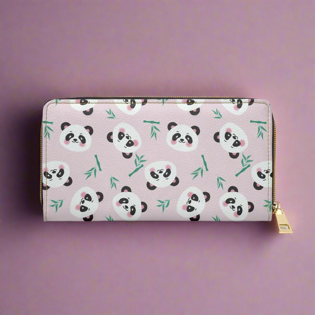 womens wallet with cute panda faces on lilac background