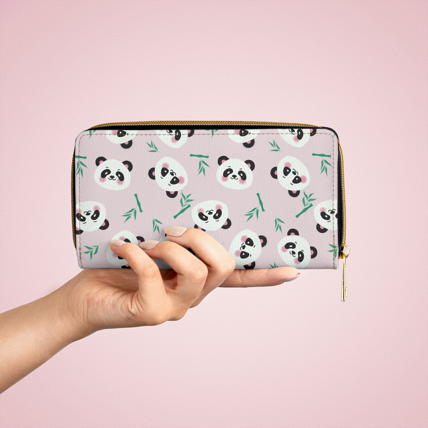 Pink Zipper Wallet with Cute Panda Faces