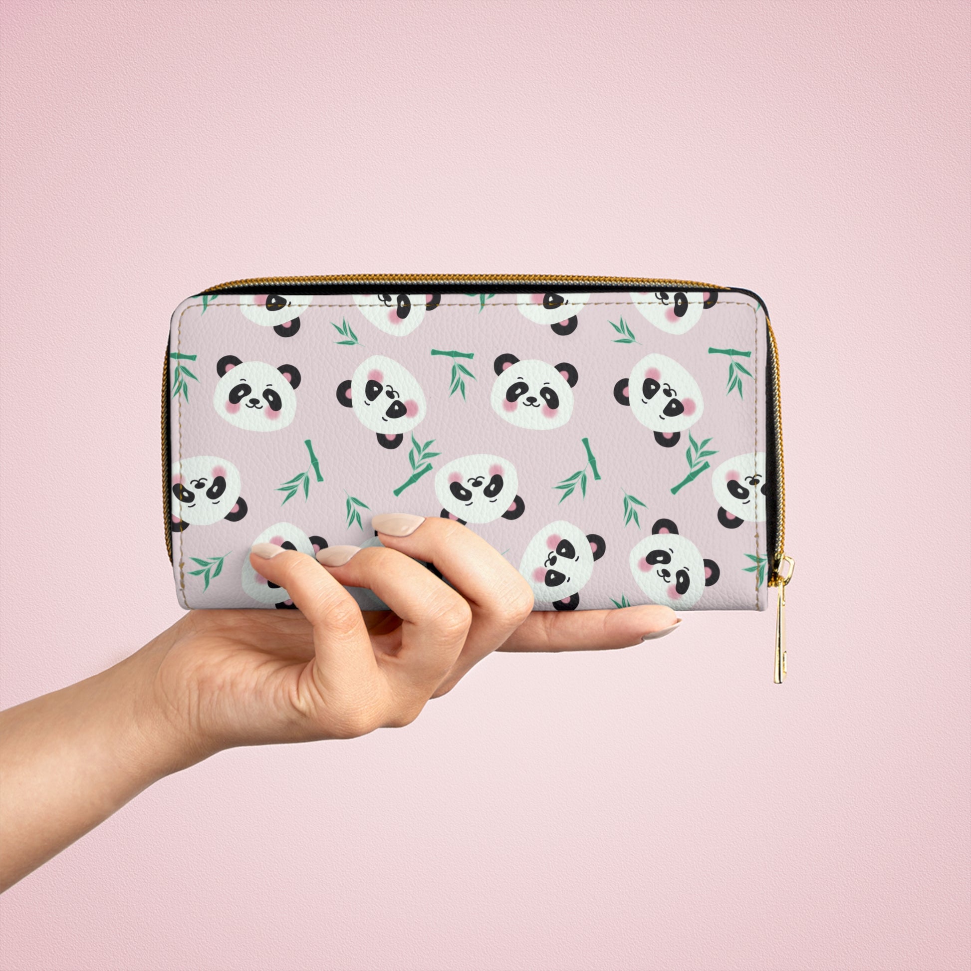 Pink Zipper Wallet with Cute Panda Faces