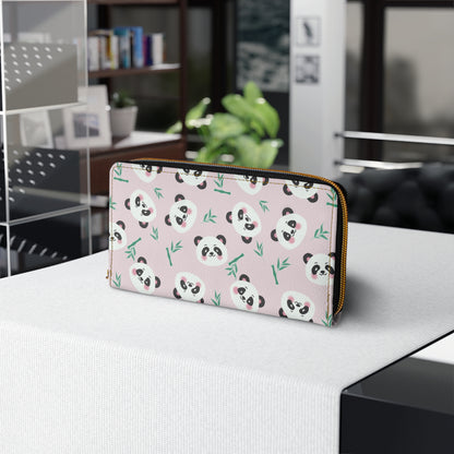 Pink Zipper Wallet with Cute Panda Faces on table