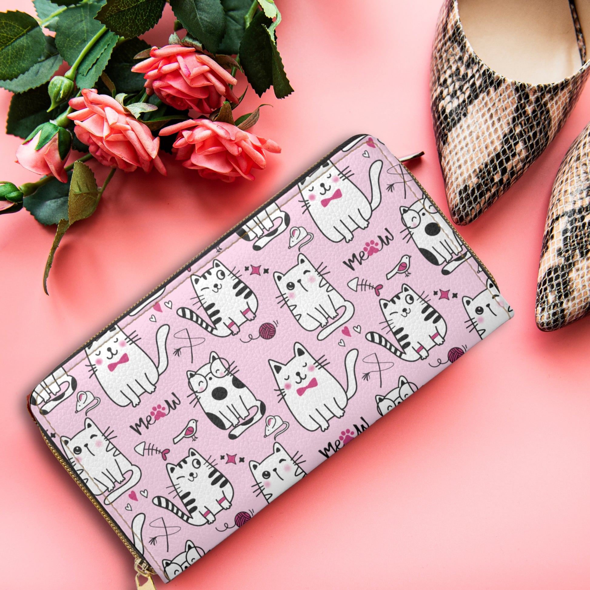 Pink Zipper Wallet with Sassy Cats