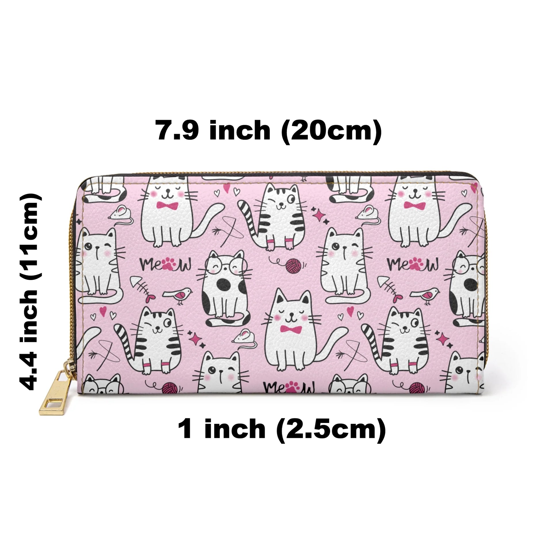 Pink Zipper Wallet with sassy cats Coin Purse measurements