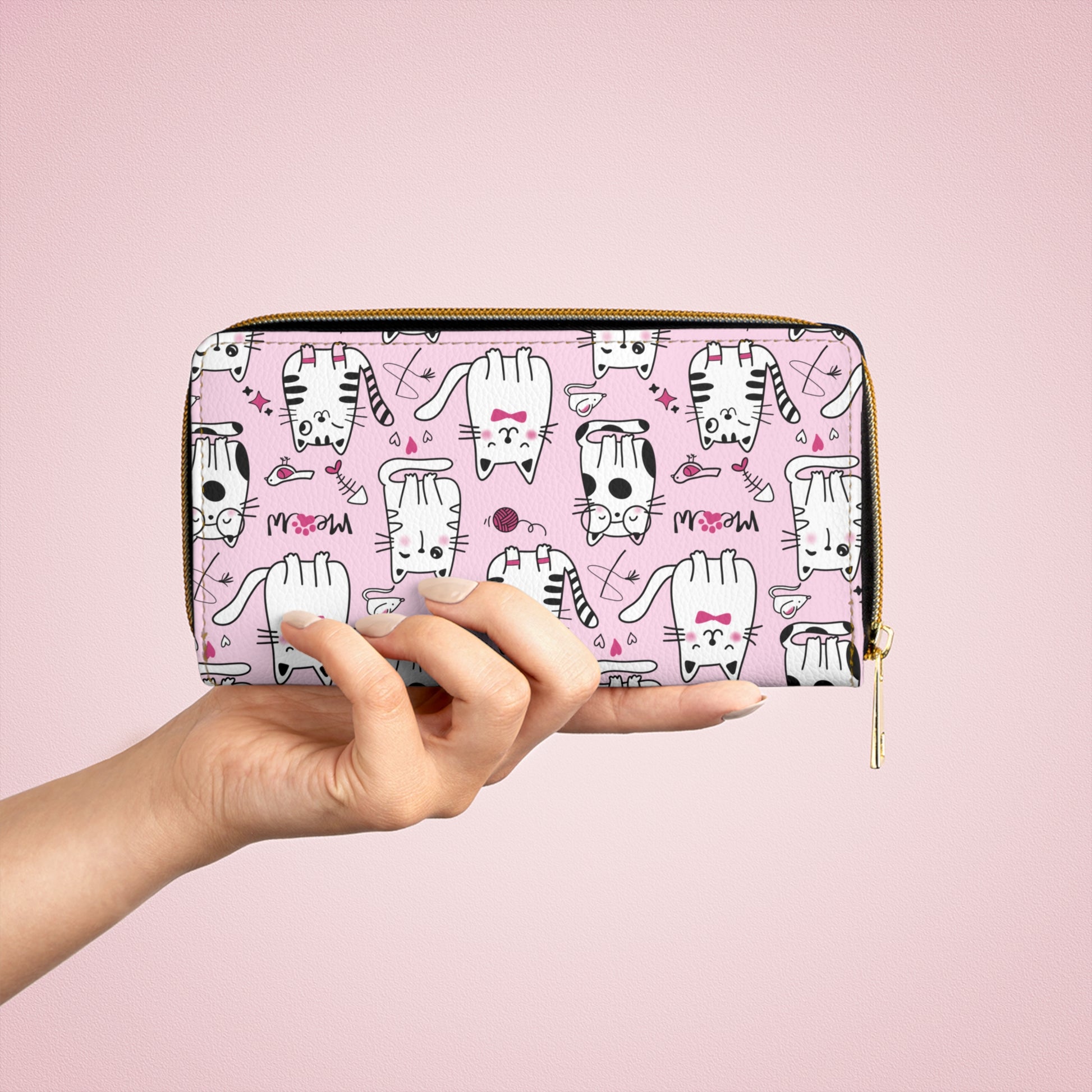 Pink Zipper Wallet with Sassy Cats