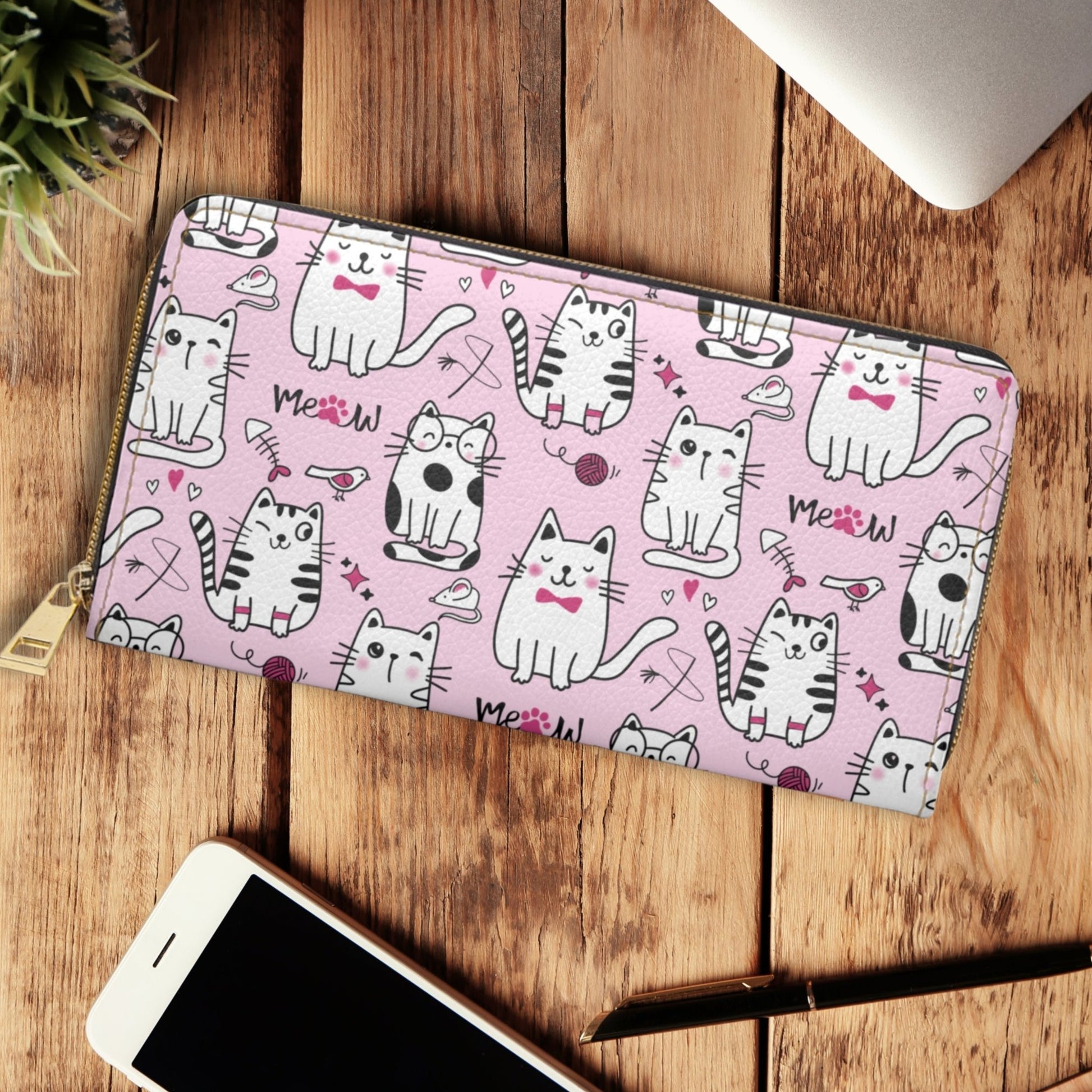 Pink Zipper Wallet with Sassy Cats on table 