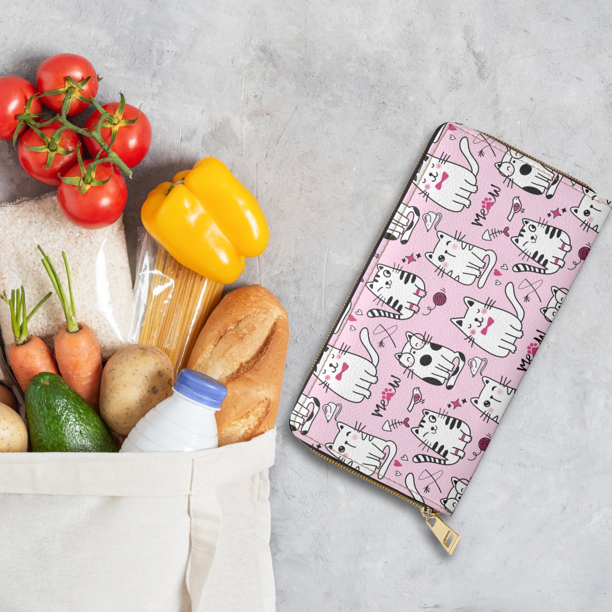 Pink Zipper Wallet with Sassy Cats on table with groceries