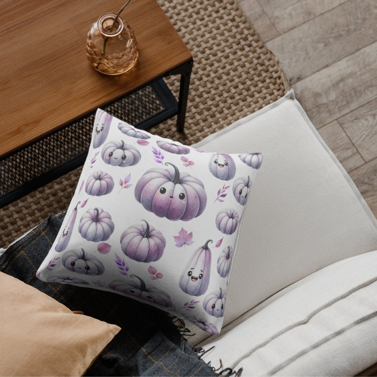 Purple Kawaii Pumpkin Pattern Faux Suede Square Pillow