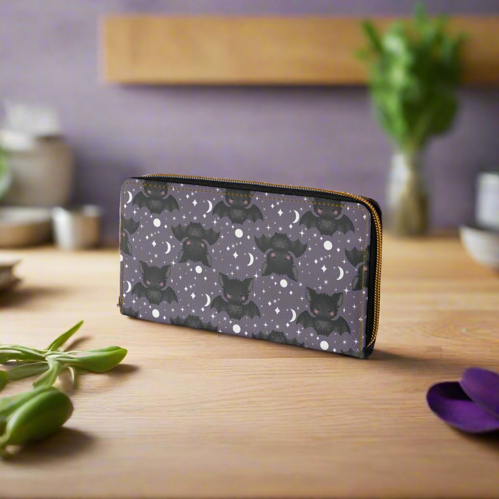 Purple Zipper Wallet with Cute Bats & Stars