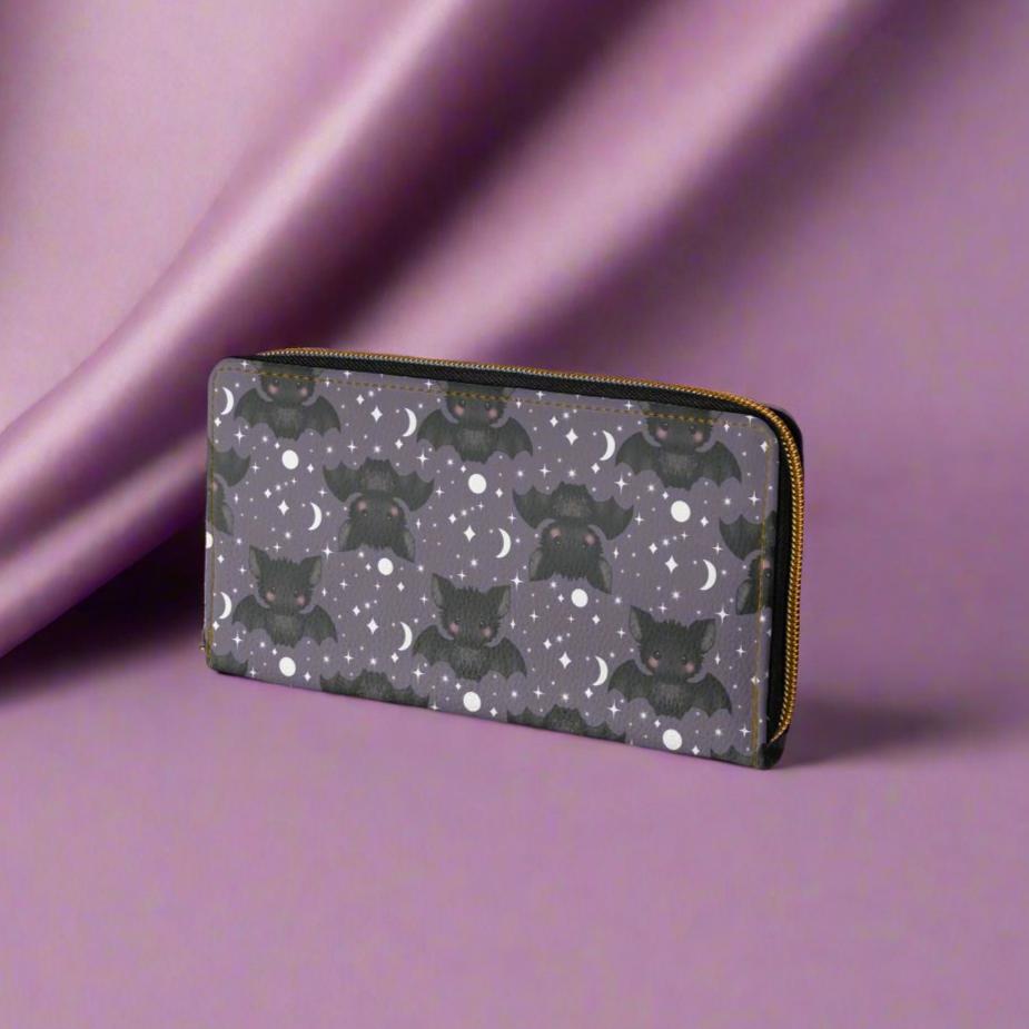 Purple Zipper Wallet with Cute Bats & Stars