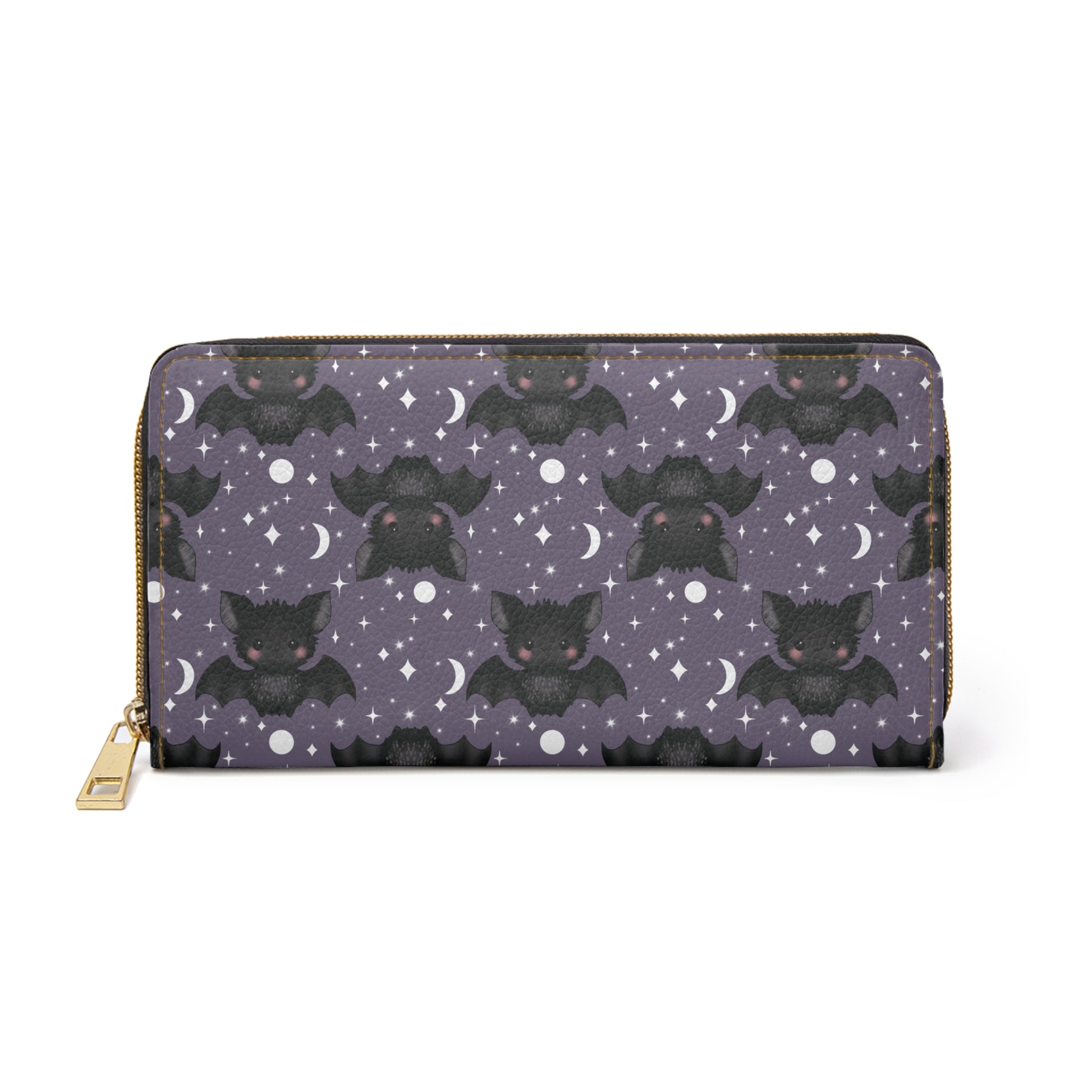 Purple Zipper Wallet with Cute Bats & Stars