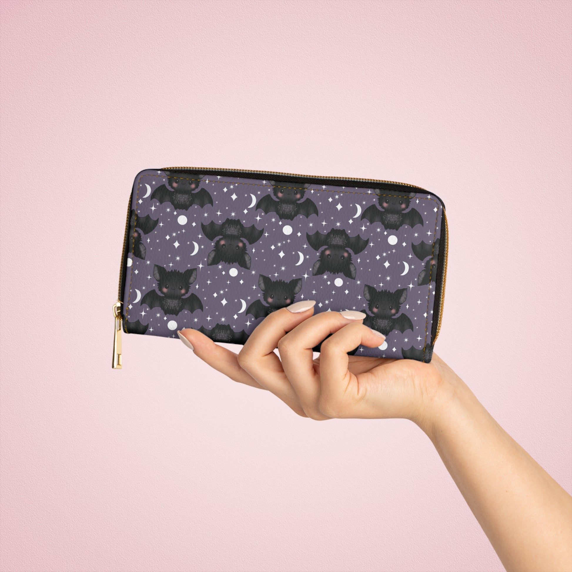 Purple Zipper Wallet with Cute Bats & Stars