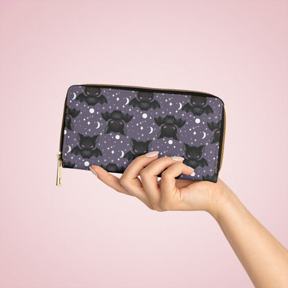 Purple Zipper Wallet with Cute Bats & Stars