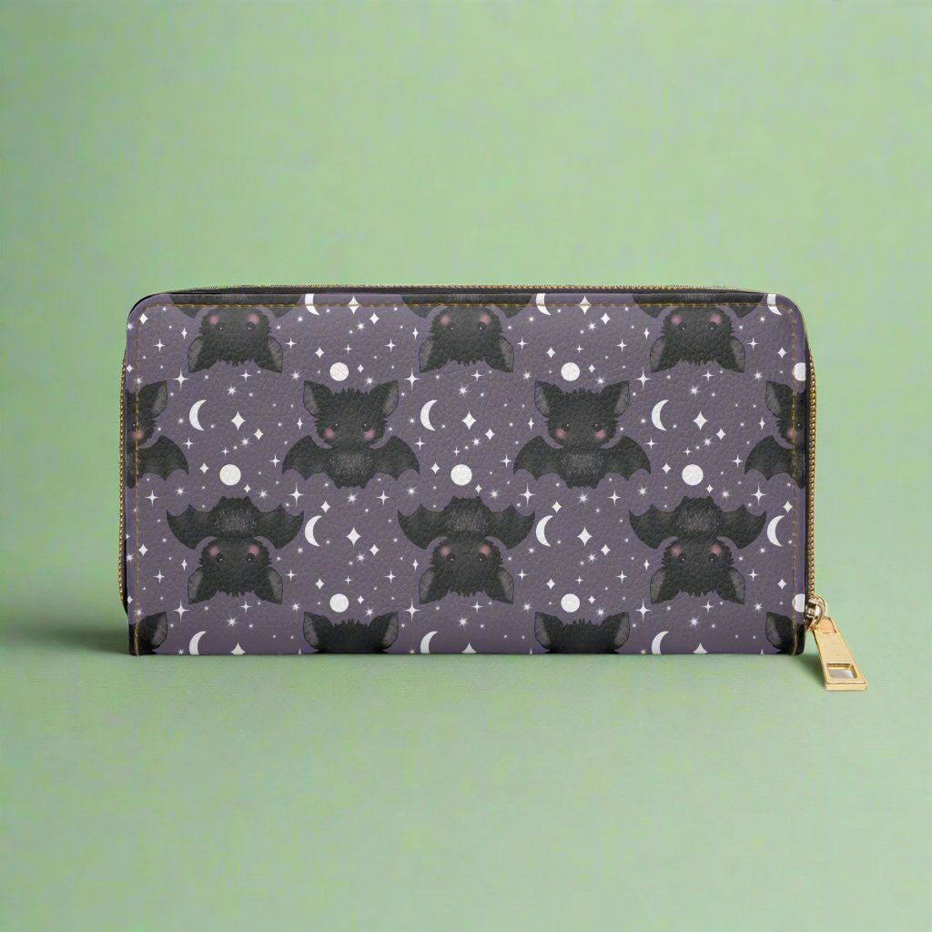Purple Zipper Wallet with Cute Bats & Stars on sage green background