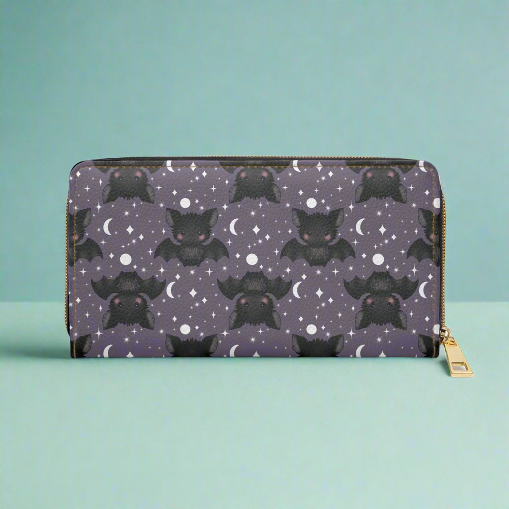 Purple Zipper Wallet with Cute Bats & Stars on blue background