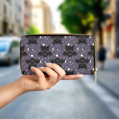 Purple Zipper Wallet with Cute Bats & Stars