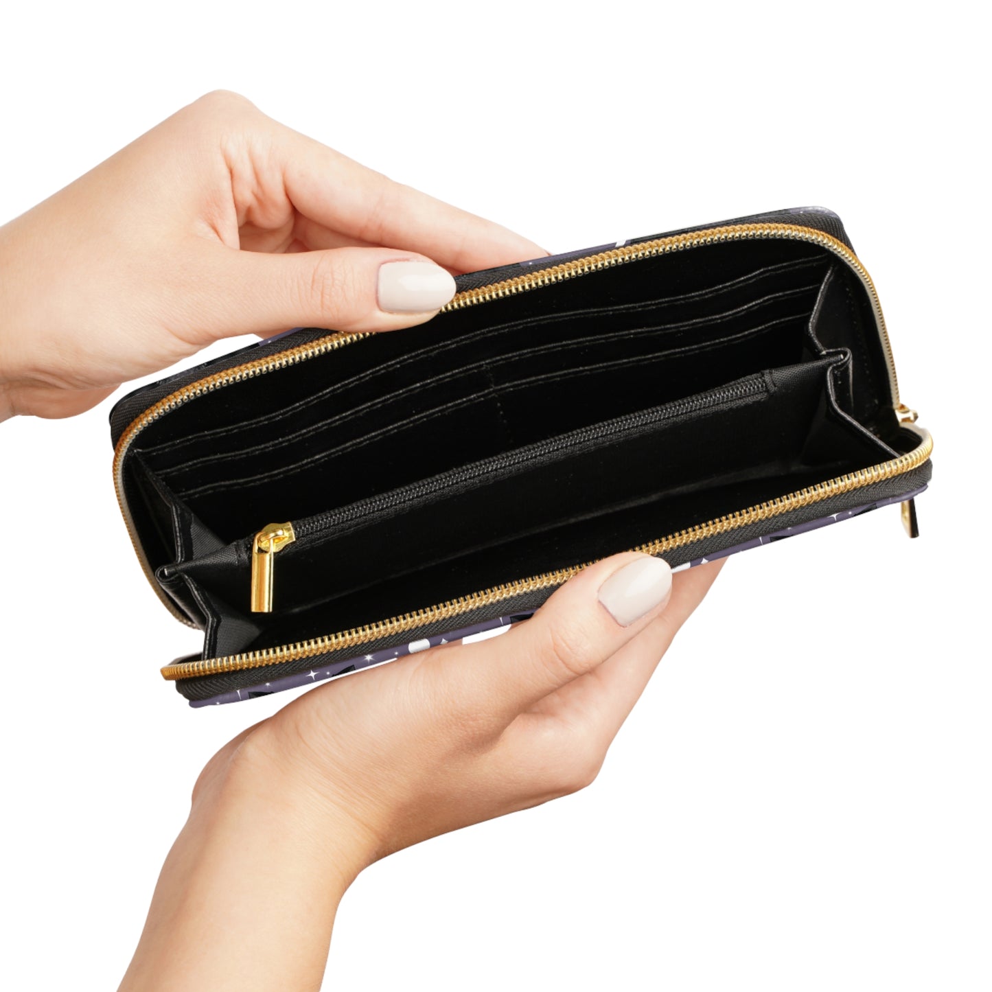 Purple Zipper Wallet with Cute Bats & Stars inside
