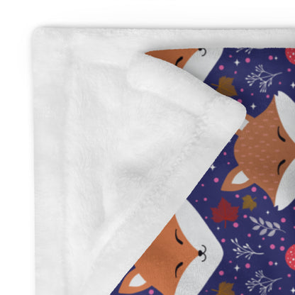 detail of front and back of Cute Sleeping Fox Purple Cozy Woodland Plush Blanket