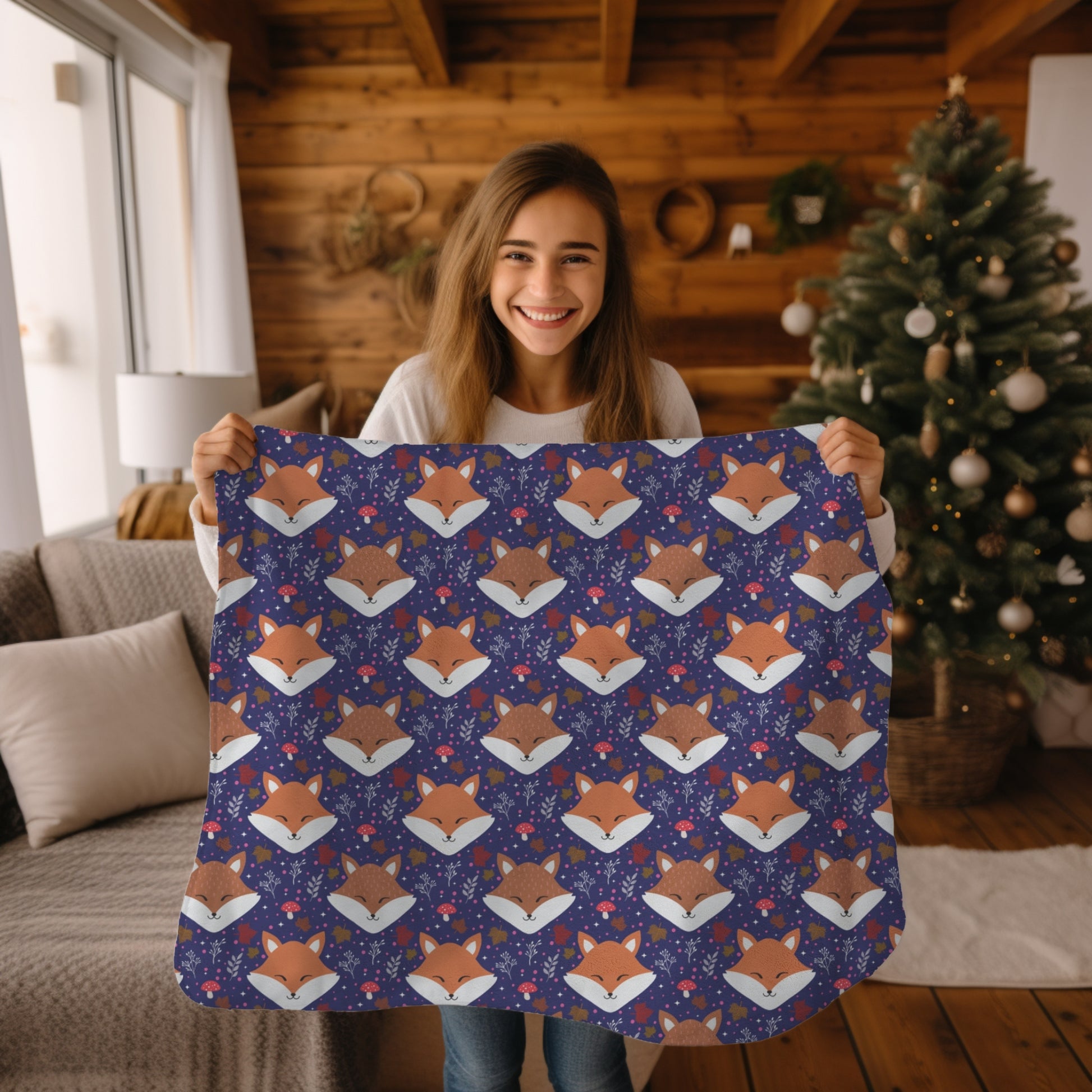 girl holding Cute Sleeping Fox Purple Cozy Woodland Plush Blanket