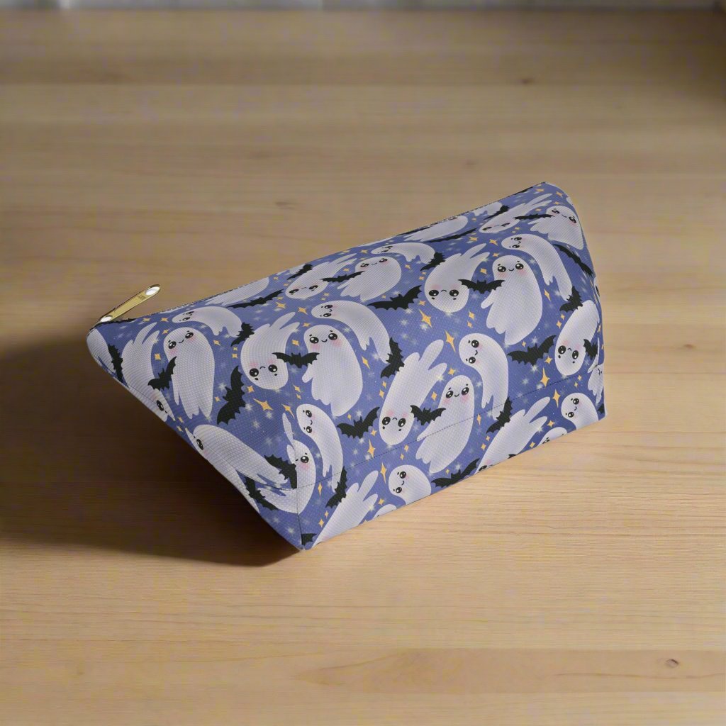 Small Blue Accessory Pouch with Cute Twirling Ghosts and Bats