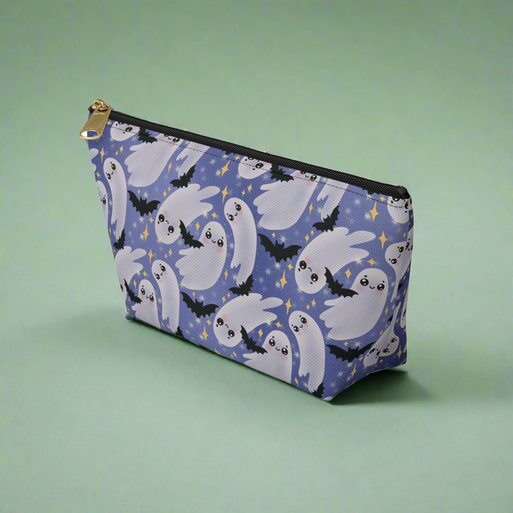 Small Blue Accessory Pouch with Cute Twirling Ghosts and Bats