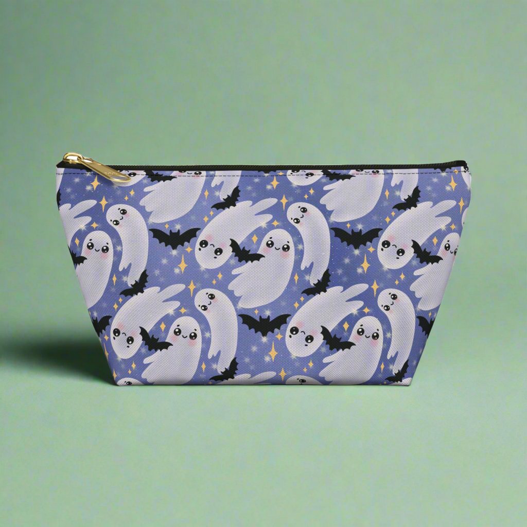Small Blue Accessory Pouch with Cute Twirling Ghosts and Bats