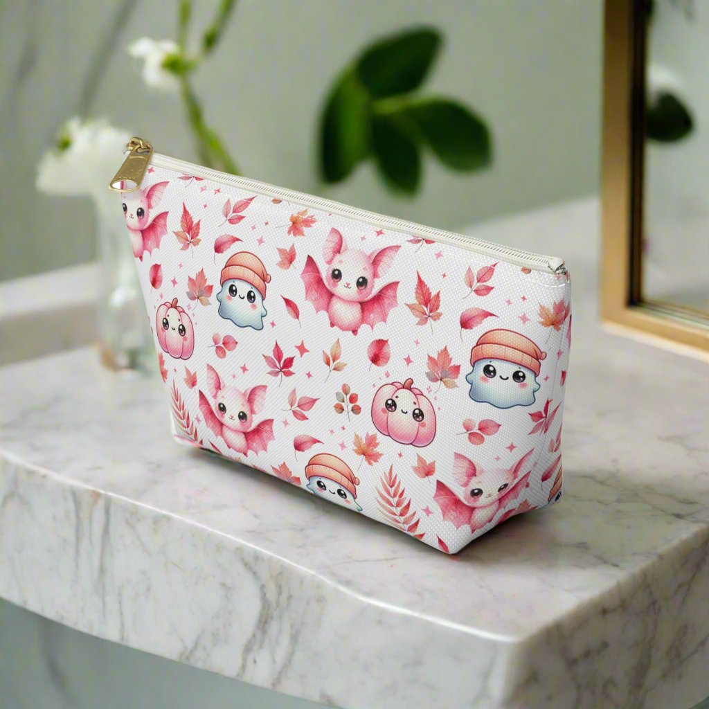 Small Pink Halloween Accessory Pouch with with cute Ghosts, Bats and Leaves