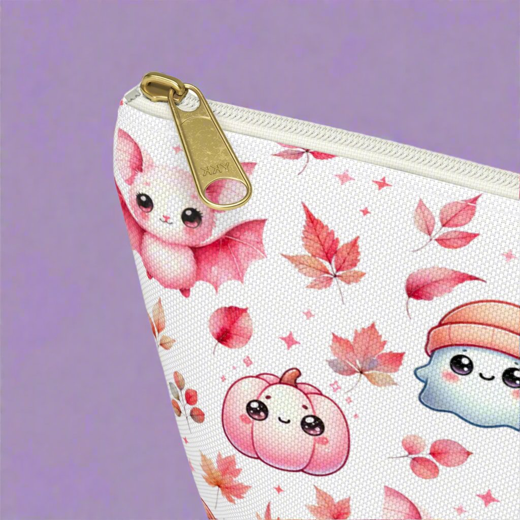 Small Pink Halloween Accessory Pouch with with cute Ghosts, Bats and Leaves detail