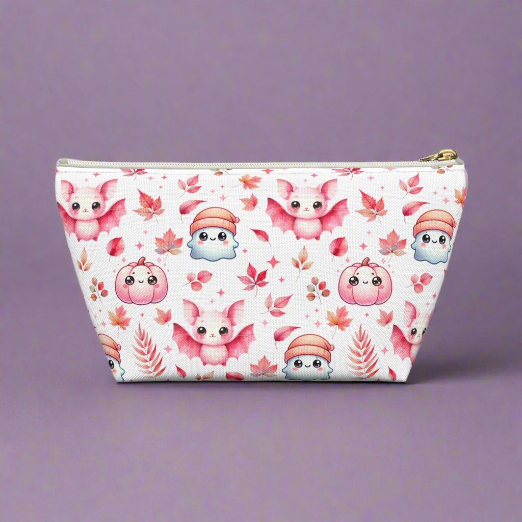 Pink Halloween Accessory Pouch with with cute Ghosts, Bats and Leaves