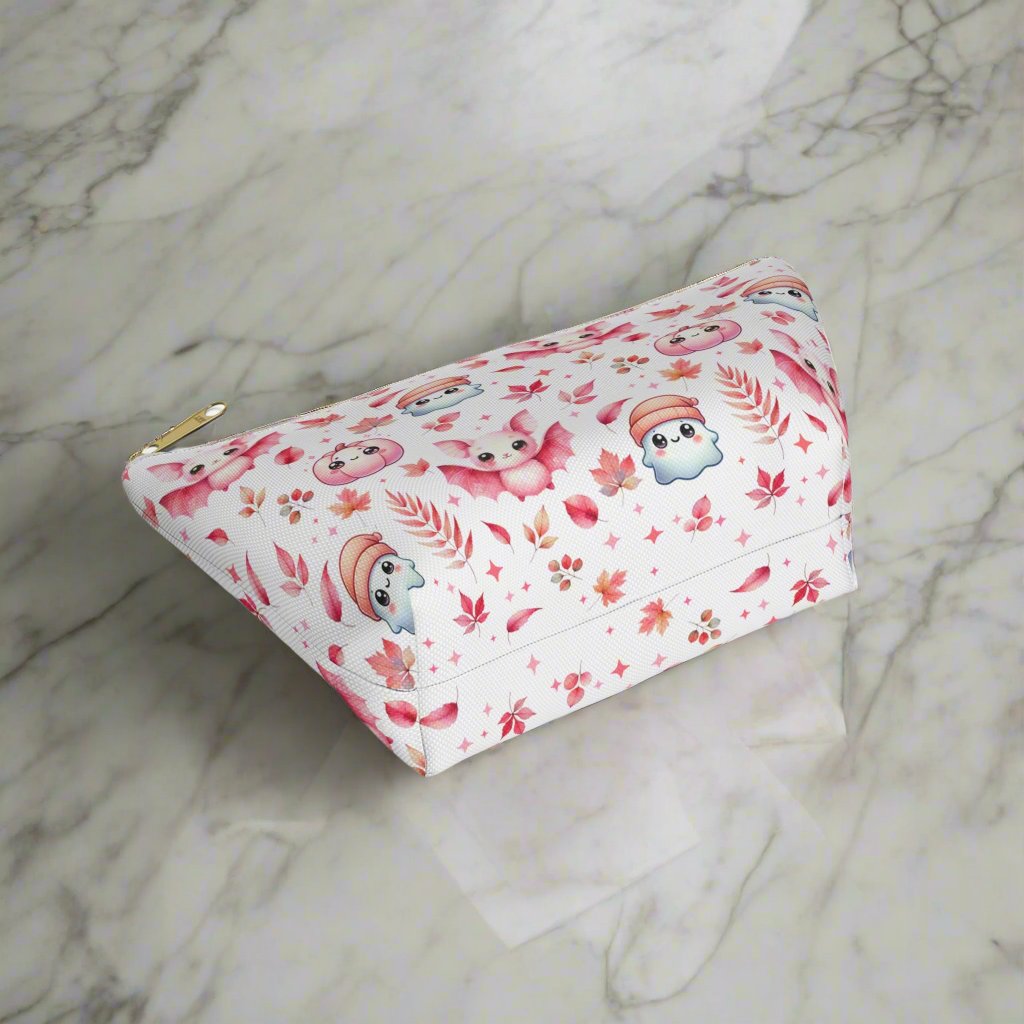 Small Pink Halloween Accessory Pouch with with cute Ghosts, Bats and Leaves