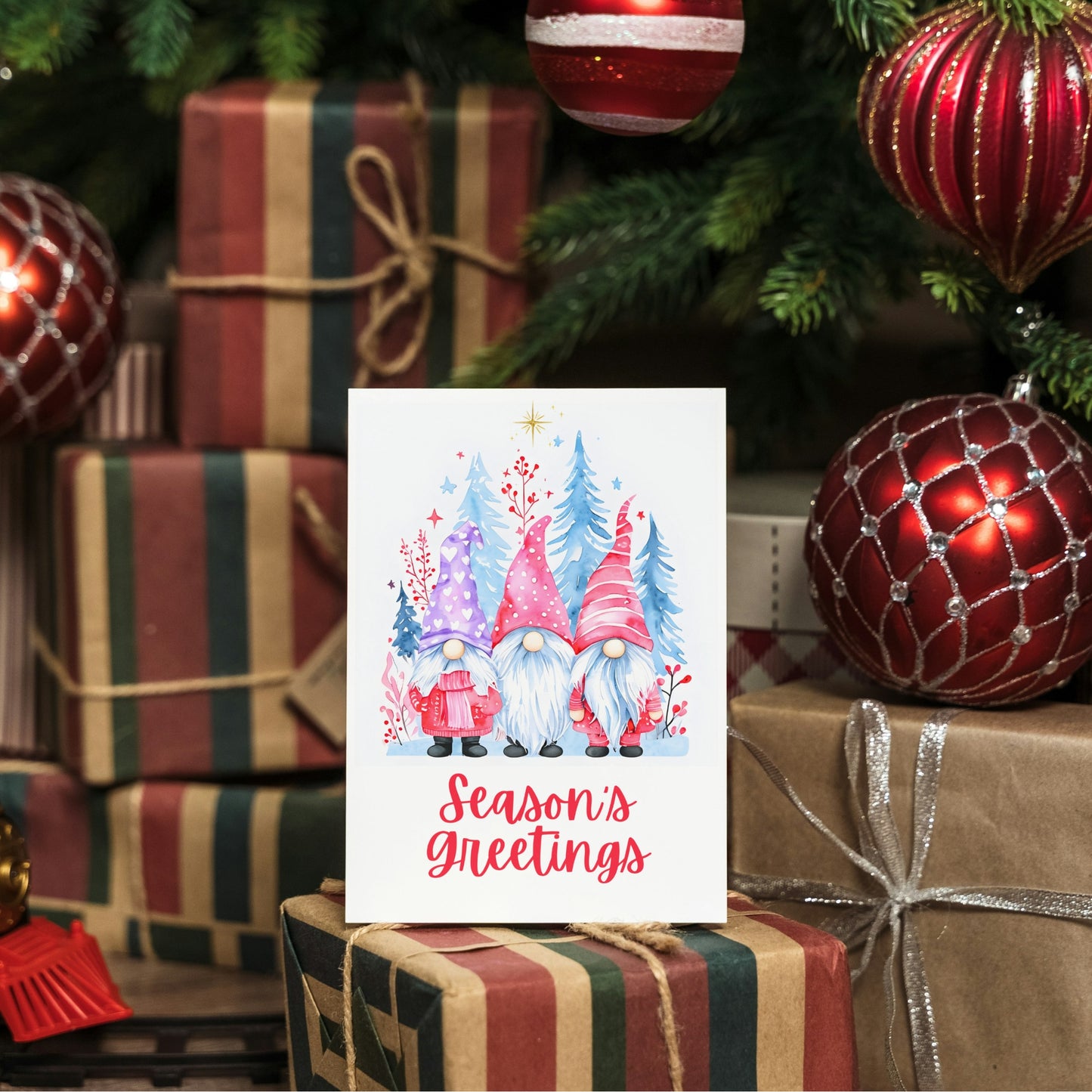 Three Winter Gnomes Season's Greetings Holiday Card