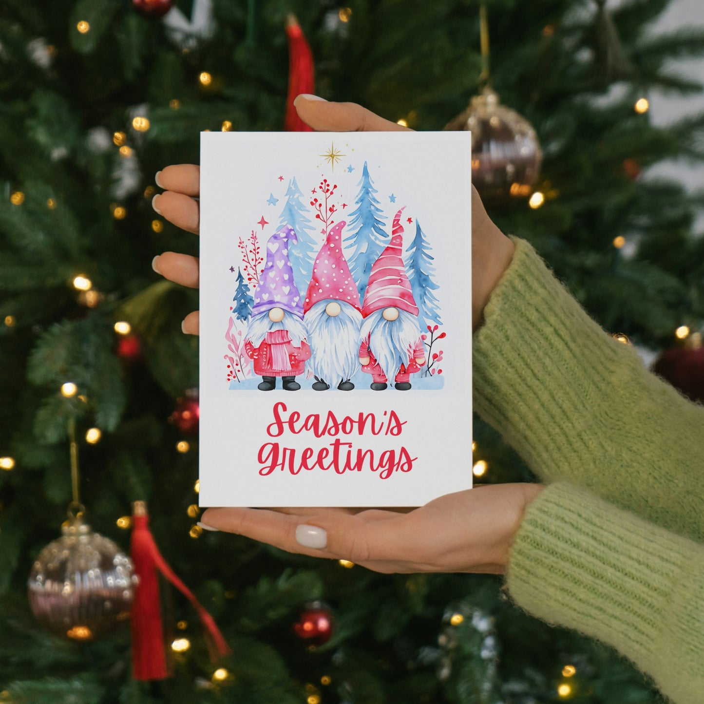 Three Winter Gnomes Season's Greetings Holiday Card