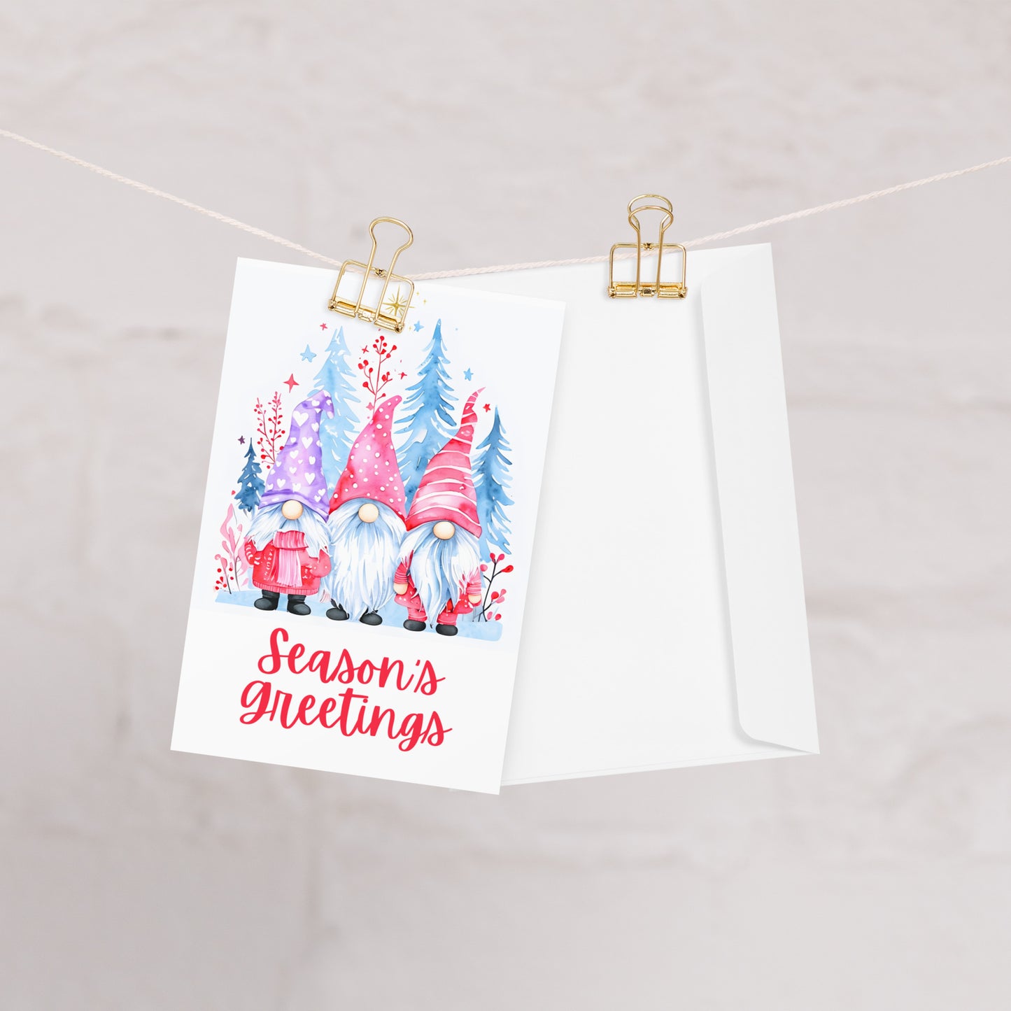 Three Winter Gnomes Season's Greetings Holiday Card