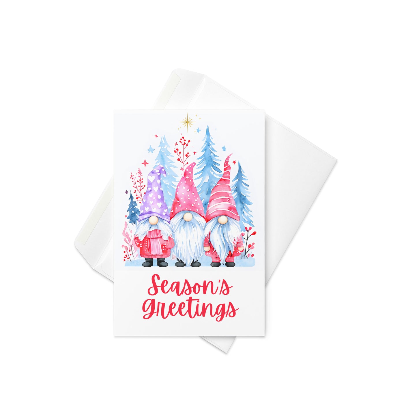 Three Winter Gnomes Season's Greetings Holiday Card