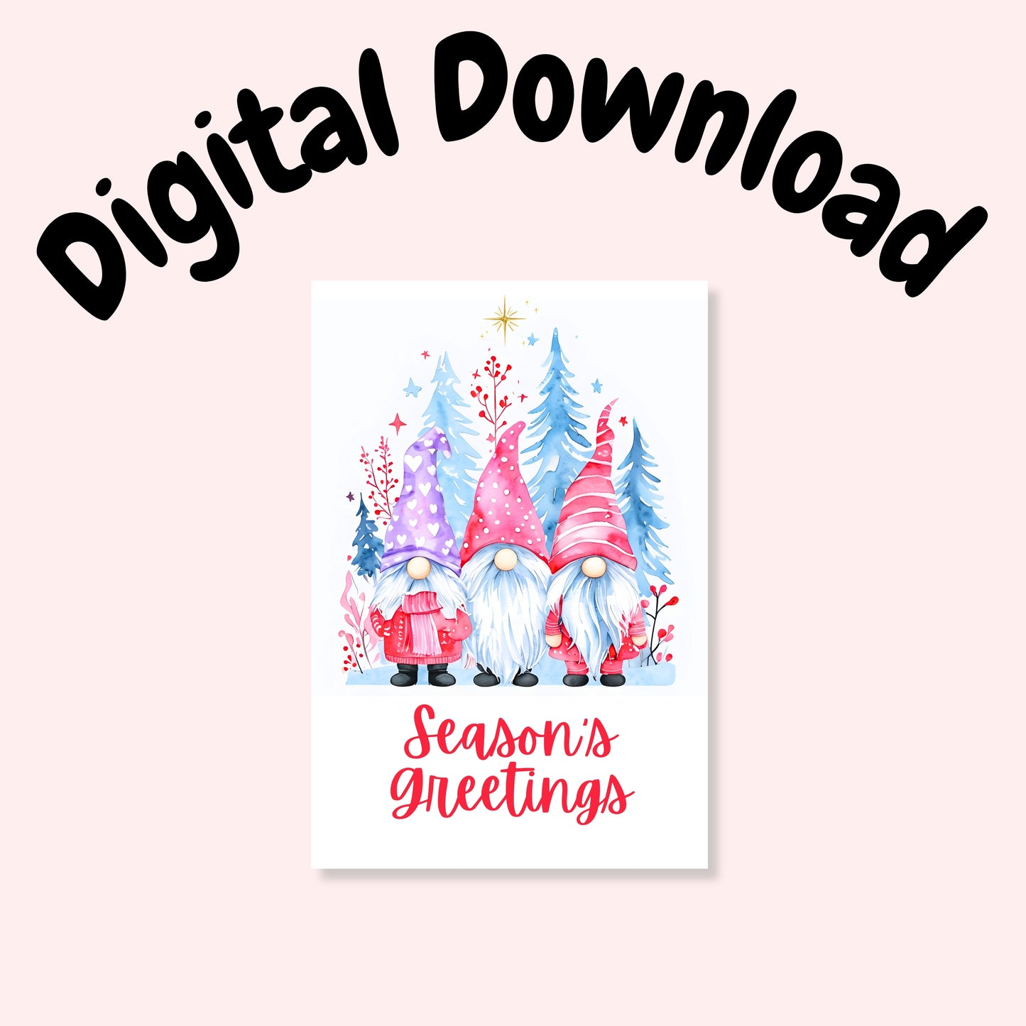 Three Winter Gnomes Season's Greetings Folded Holiday Card - Digital Download - Print at Home