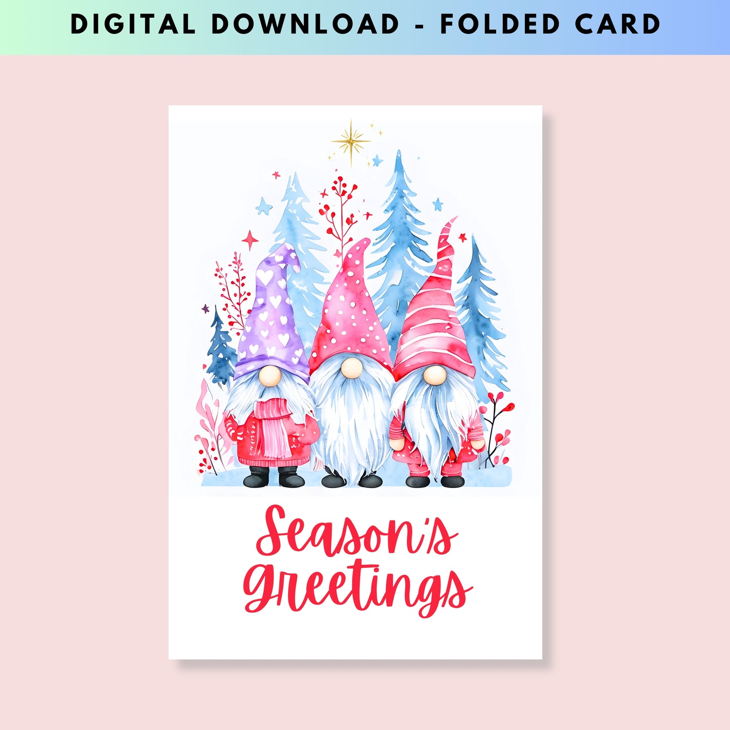 Three Winter Gnomes Season's Greetings Folded Holiday Card - Digital Download - Print at Home