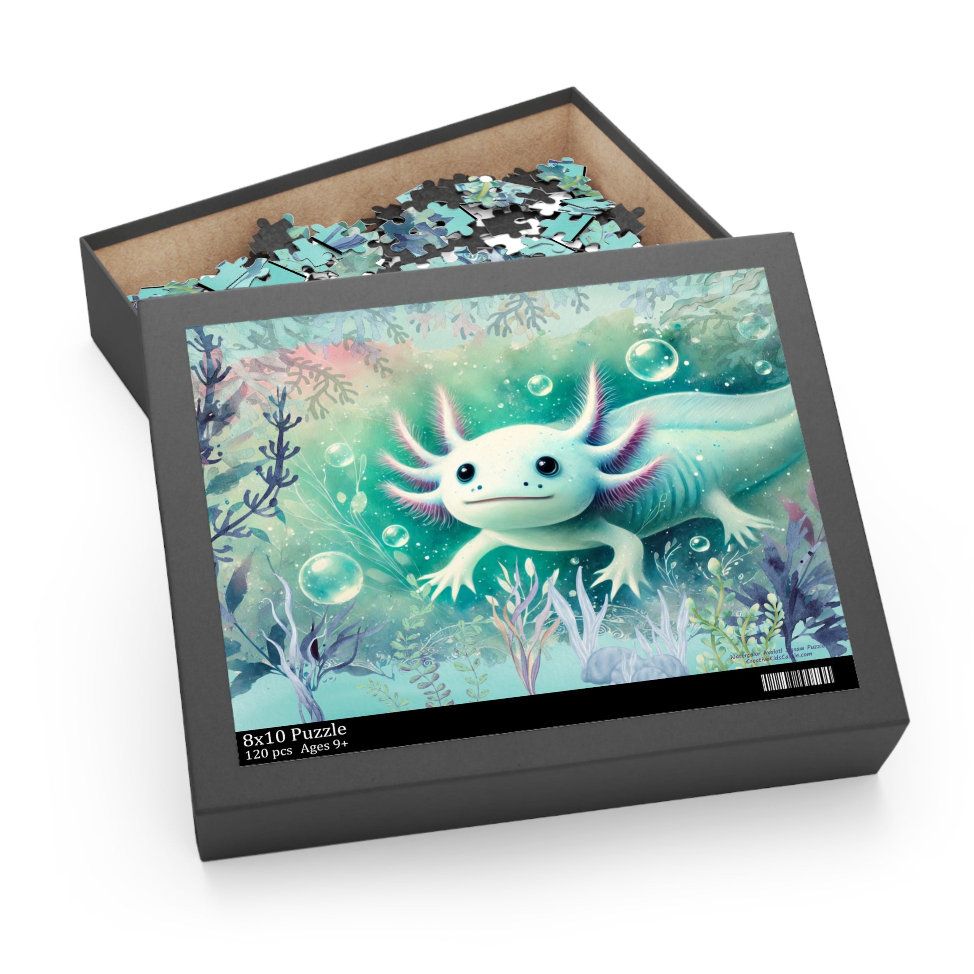 Whimsical Watercolor Axolotl Jigsaw Puzzle 120-Pieces box