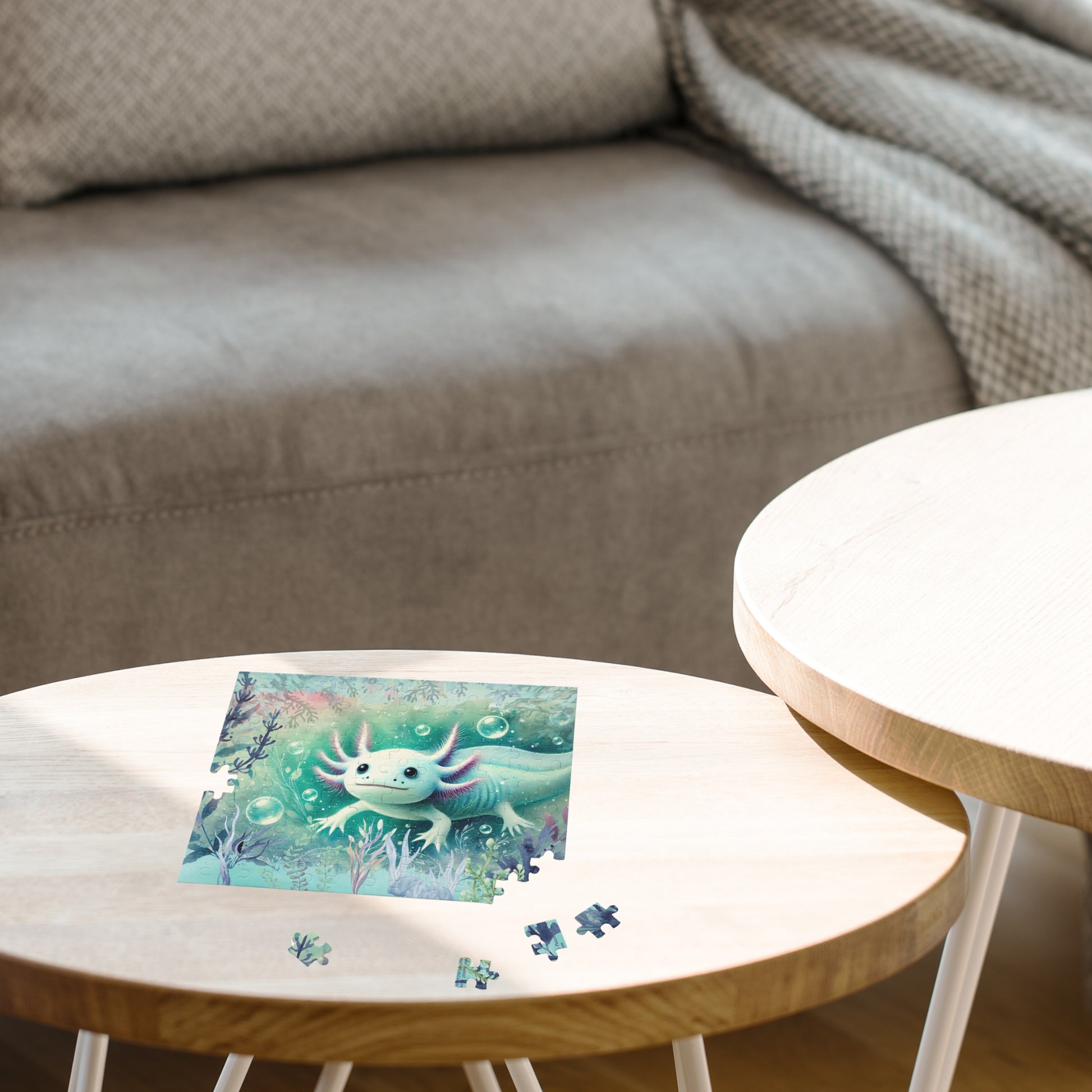 Whimsical Watercolor Axolotl Jigsaw Puzzle 120-Pieces on sofa table