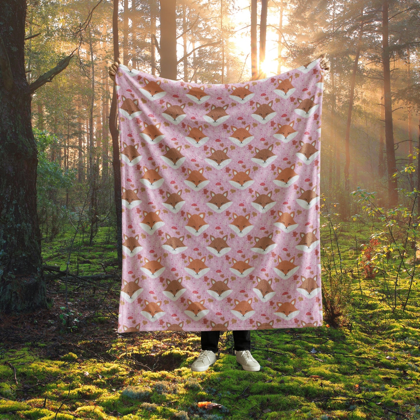 Cute Woodland Sleeping Fox Pink Cozy Plush Blanket