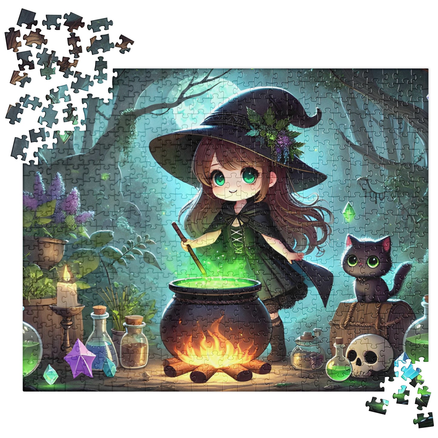 Young Kawaii Girl Witch Brews Potion Halloween Jigsaw Puzzle (120, 252, 500-Pieces)