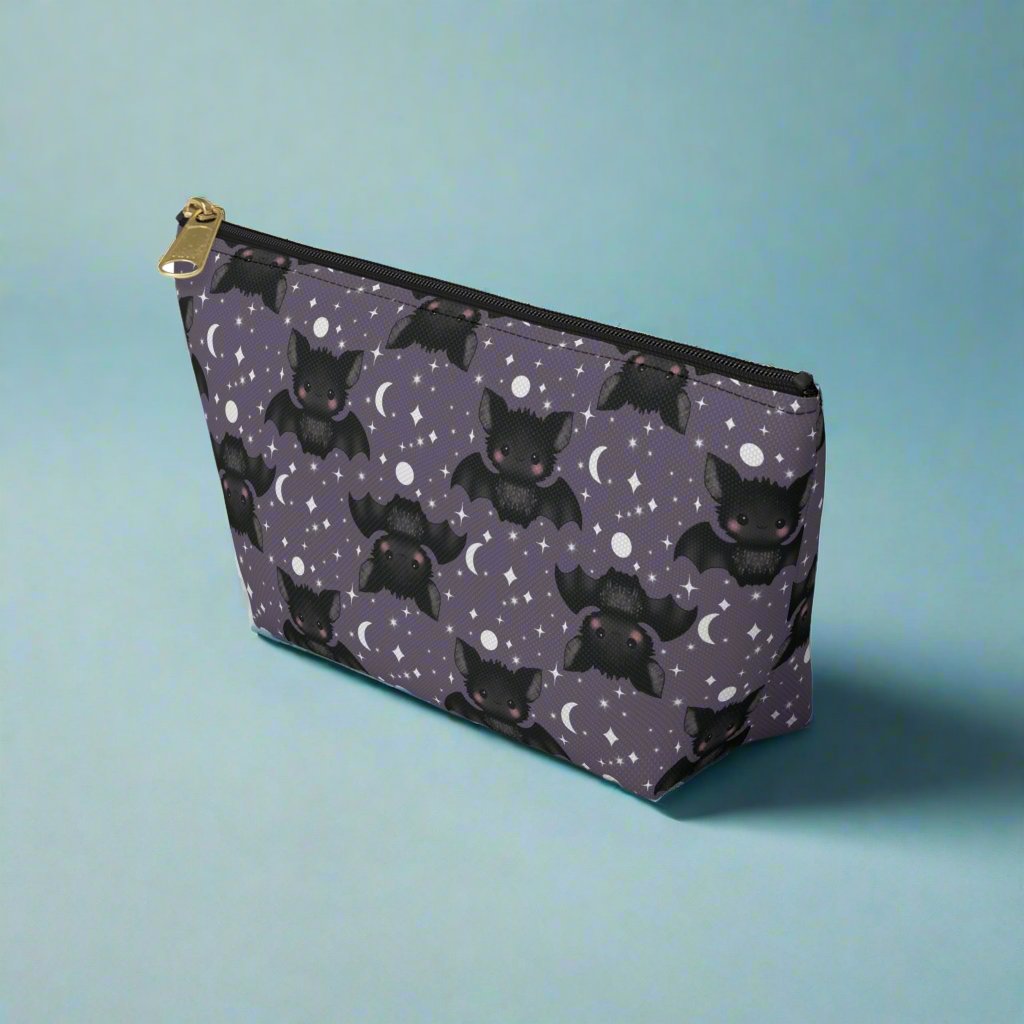 angled view of small Cute Bats, Moon and Stars Accessory Pouch with T-bottom